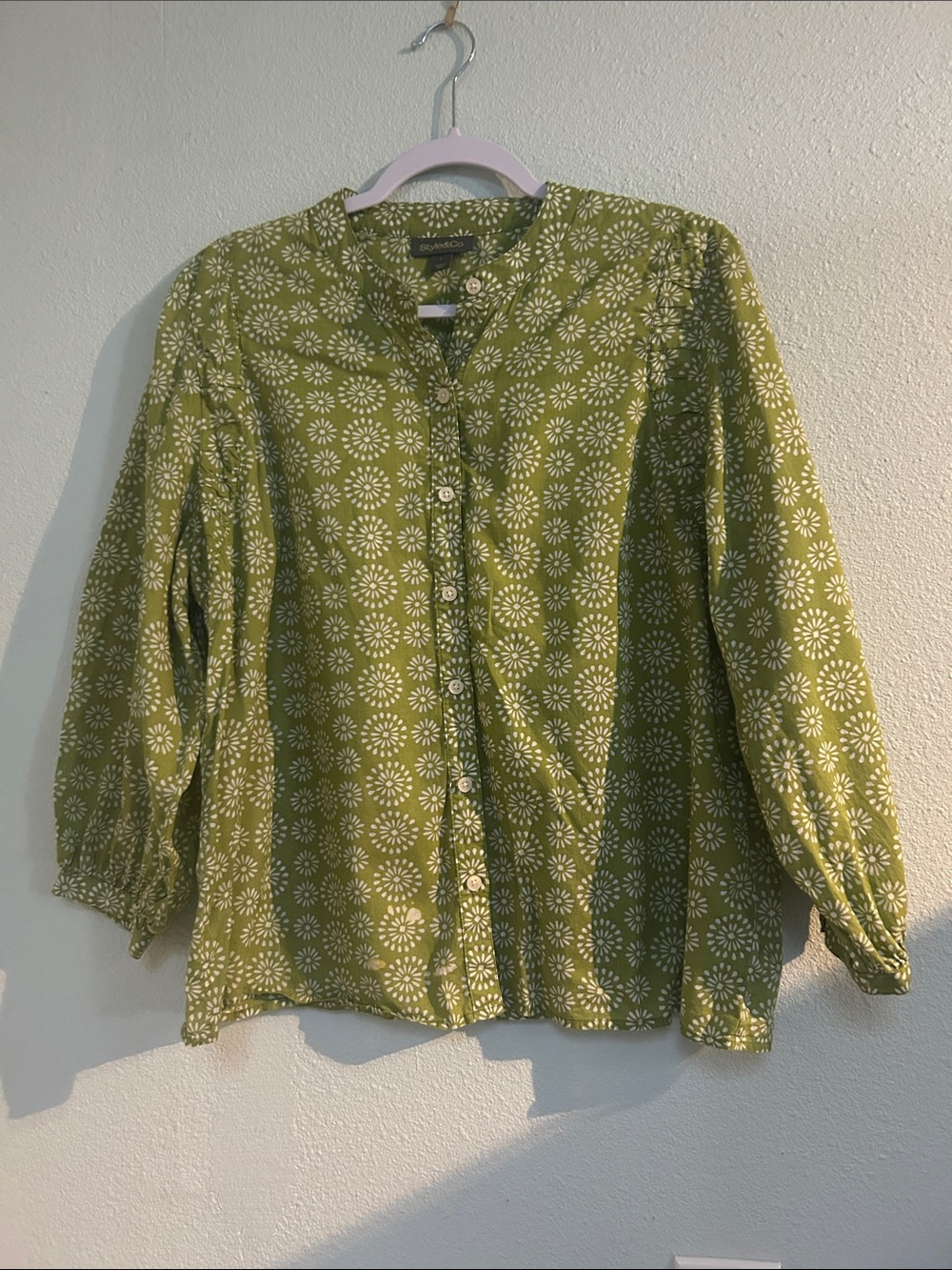 Style & Co. Olive Green Floral Button-Down Blouse